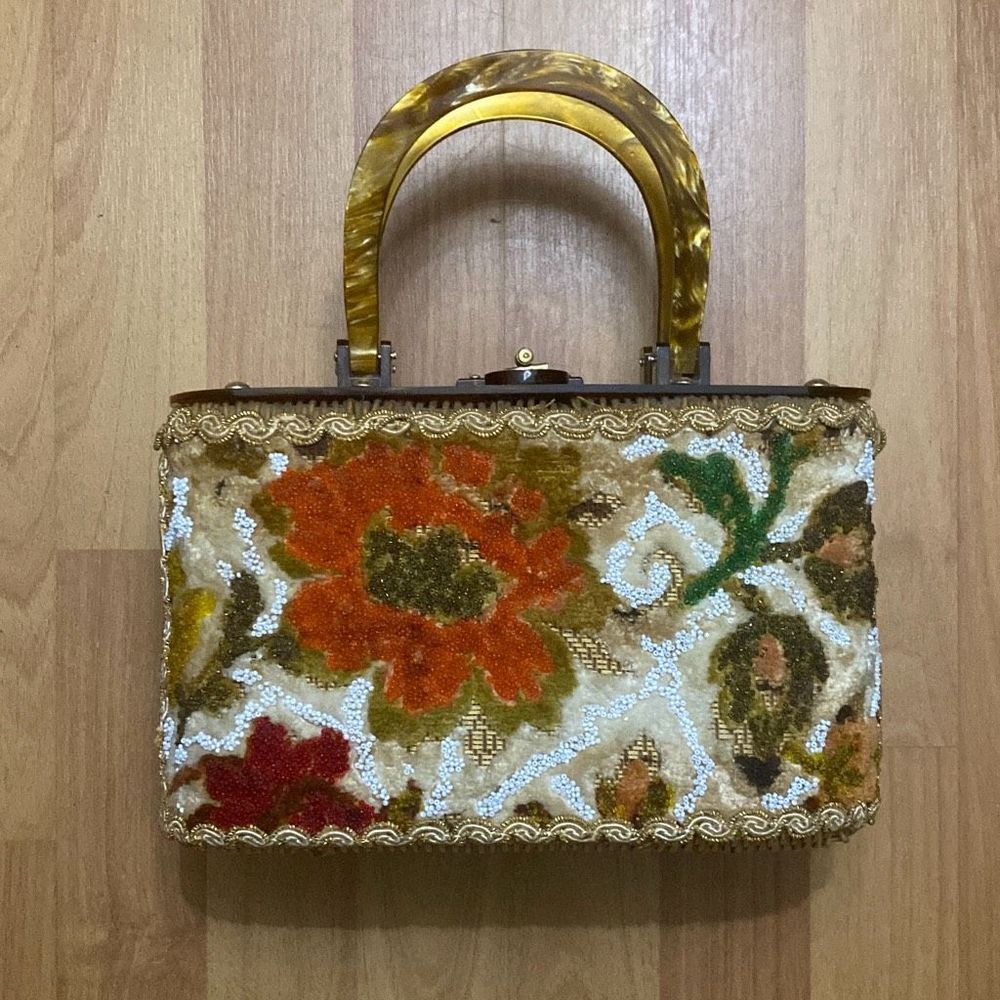 Vintage 60s Tropical Miami Lucite Wicker & Floral Fabric Beaded Handbag Purse